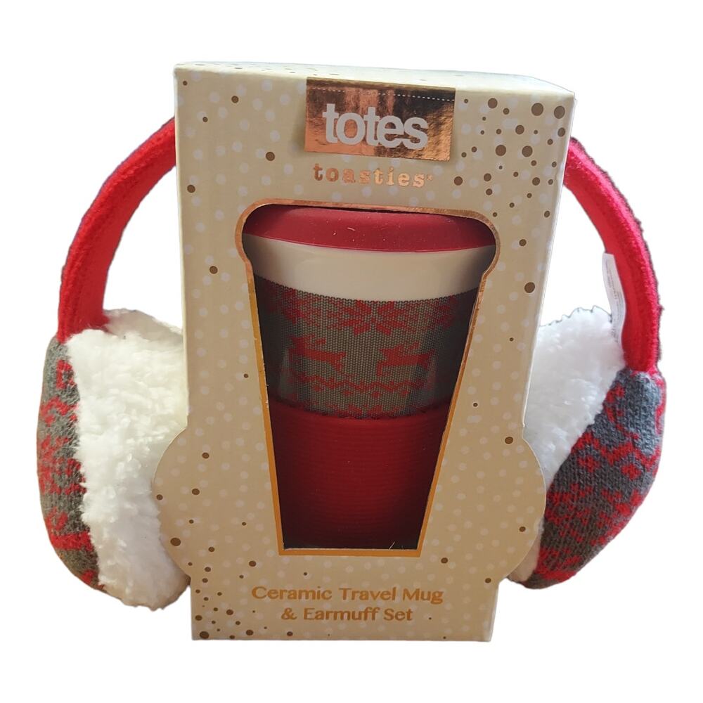 Totes Toasties Ceramic Travel Lidded Mug Earmuffs Reindeer Holiday Gift Box Set
